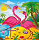 миниатюра ХК-4063 Холст с красками 20х20 см по номерам (в коробке), (14цв) Фламинго на пляже (Арт. ХК-4063)