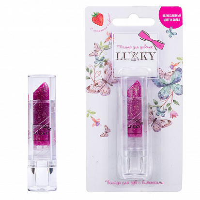 Фото товара Lucky Т15384 помада для губ с блёстками, с ароматом клубники, малиновый, блистер 