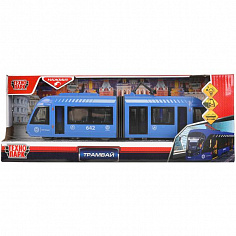 TRAMNEWRUB-30PL-BU Модель пластик свет-звук ТРАМВАЙ С РЕЗИНКОЙ 30 см, двери, синий, в кор. Технопарк