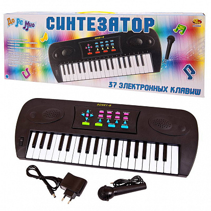 Фото D-00062 Синтезатор черный 37 клавиш,с микрофоном, эл/мех, с адаптером в комплекте, 53x6x19,2