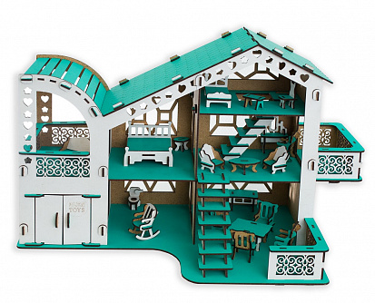 Фото ЭД-026Р Кукольный домик с гаражом разборной, цвет Тиффани (мебель в комплекте)