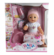 ДВЛ012В Кукла Baby Love интерактивная с аксессуарами. Пьет воду, справляет нужду. 40х36 х19 см.BL012