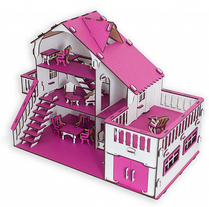 Фото ЭД-068 Кукольный домик с террасой,цвет Малиновый (мебель в комплекте) Габариты игрушки: 27 х 52 х 35