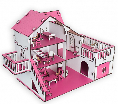 Фото ЭД-066 Сборная игрушка Кукольный домик с террасой,цвет Розовый мебель в комплекте