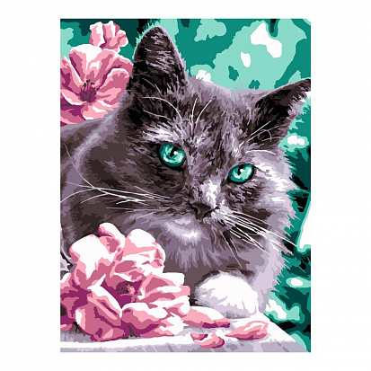 Фото LORI Кпн-305 Картина по номерам на картоне 40*50 см "Котик в цветах"