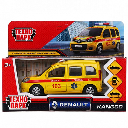 Фото KANGOO-12AMB-YE Машина металл RENAULT KANGOO РЕАНИМАЦИЯ 12 см, двери, багаж, желтая, в кор.. Технопа