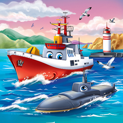 Фото ХК-4056 Холст с красками 20х20 см по номерам (в коробке), (14цв) Корабль и подводная лодка (Арт. ХК-