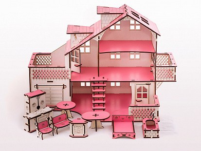 Фото ЭД-032 светло-розовая Кукольный домик с гаражом Розовая Сказка (мебель в комплекте)