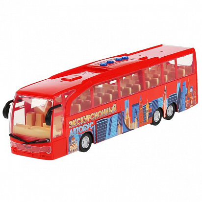 Фото BUSTOUR-30PL-RD Машина свет+звук экскурсионный автобус 30см,пластик,4 кнопки,инерц,красный в кор Тех