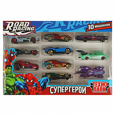RR-SET-123-R Машина металл ROAD RACING набор супергерои 7,5 см, 10 шт,в ассорт, кор. Технопарк