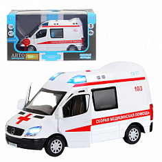 1251275JB ТМ "Автопанорама" Машинка металл. 1:32 Mercedes Sprinter "Скорая помощь", белый, откр. Пер
