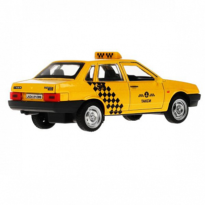 Фото 21099-12TAX-YE Машина металл ВАЗ-21099 "СПУТНИК" ТАКСИ 12 см, двери, багаж, желтый, кор. Технопарк
