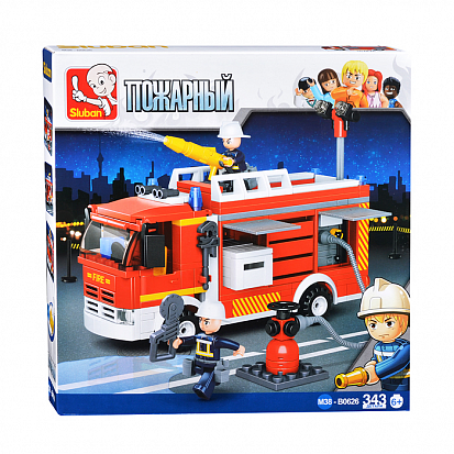 Фото M38-B0626 Конструктор пластиковый. SLUBAN Пожарные. Пожарная машина (343 детали, 2 фигурки).