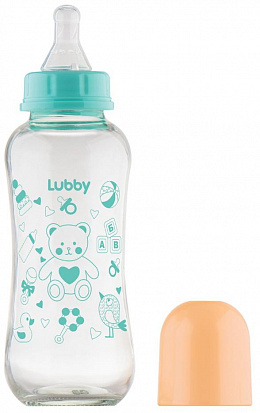Фото LUBBY16031 Бутылочка для кормления с соской молочной"малыши и малышки" от0 мес.250мл.,стекло,силикон