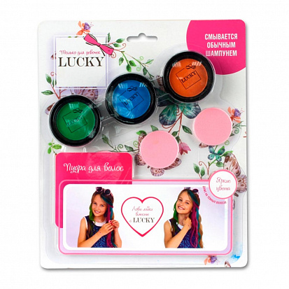 Фото Lucky Т11921 пудра для волос, набор (3 цвета) со спонжем, цвета: красный, синий, зеленый 