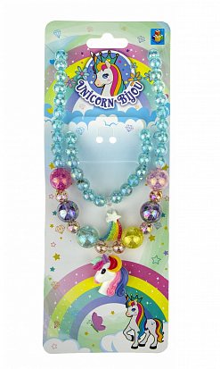 Фото товара Т19144 1TOY наб.украш."Unicorn Bijou" 2предм.голуб.радуж.перламутр бусы голова единорога,браслет зве