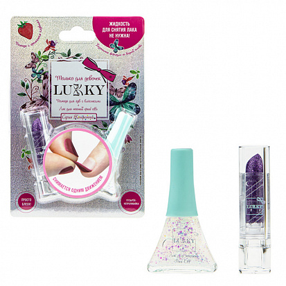 Фото товара Lukky Т20841 наб.лак Конфетти цвет 01К, перламутр с блестками Т14133 и помада с блёстками фиолет. 