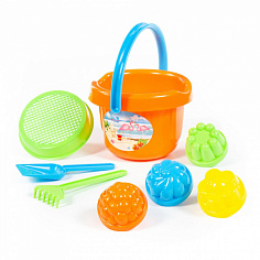 ПОЛЕ0989 Набор №10: ведро большое, ситечко, лопатка, грабельки, 4 формочки