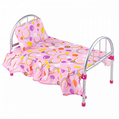9342 Кроватка для кукол, металлическая, со спальным комплектом, цвет медвежата на розовом