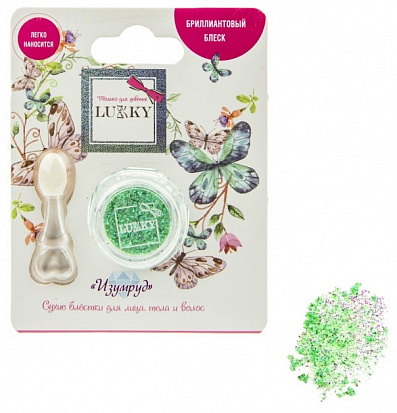 Фото товара 1toy Т18897 Lukky клейкие блёстки для лица и тела сухие,спрессованные,цвет "Изумруд", 4 г,с аппликат