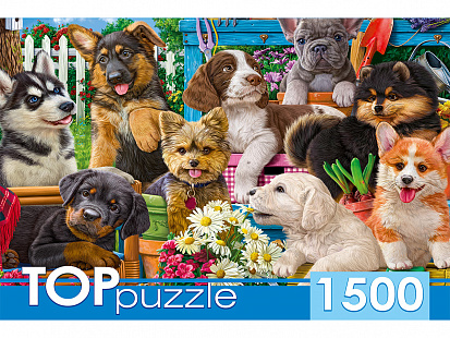 Фото товара ХТП1500-1588 TOPpuzzle. ПАЗЛЫ 1500 элементов. ХТП1500-1588 Компания щенков в саду
