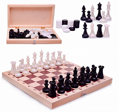 02-119 Шахматы обиходные пластиковые + шашки пластиковые, в деревянной доске 290х145мм