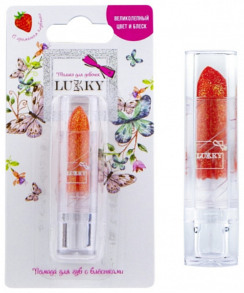 Фото товара Lukky Т16763 помада с блёстками 3,4 гс ароматом клубники, цвет коралловый, блистер 