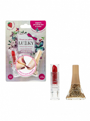 Фото товара Lukky Т20840 наб.лак Конфетти цвет 08К, золотой с блестками Т14132 и помада с блёстками красная 