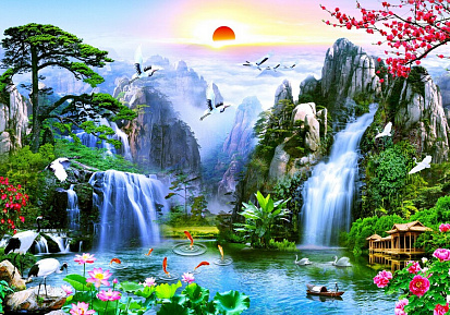 Фото ХК-6217 Холст с красками 40х50 см по номерам (24 цв.) Яркая природа у водопада (Арт. ХК-6217)