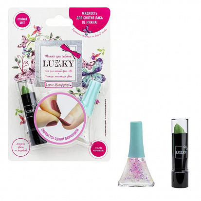 Фото товара Т13809 Lucky помада (масса 3,3 г.), меняющая цвет на розовый, базовый цвет: зеленый + лак цвет 01К -