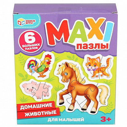 Фото товара 4680107902177 Домашние животные. Макси-пазлы для малышей.Коробка 150*180*40. 6 пазлов. Умные игры