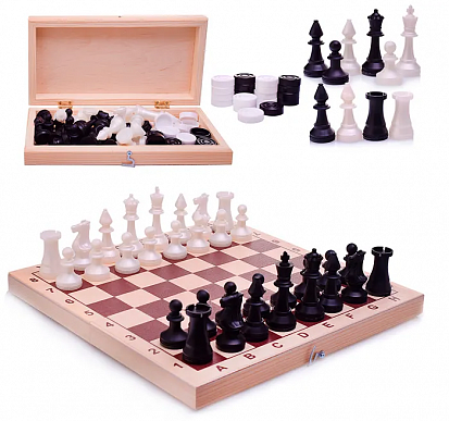 Фото 02-119 Шахматы обиходные пластиковые + шашки пластиковые, в деревянной доске 290х145мм