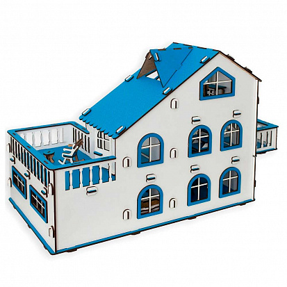 Фото ЭД-064 Сборная игрушка Кукольный домик с террасой,цвет Синий мебель в комплекте