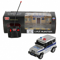 HUNTER-18L-POL-GY Машина р/у UAZ HUNTER ПОЛИЦИЯ 18 см, свет, серебр, кор. Технопарк