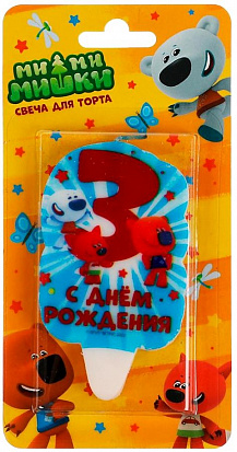 Фото товара CC-81101-03-MIMI Свеча для торта Со стикером "3" Ми-ми-мишки блистер ЧУДО ПРАЗДНИК
