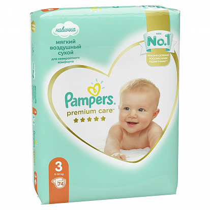 Фото товара PAMPERS Подгузники Premium Care Midi 3 (6-10кг) 74 шт, 2шт. в коробке