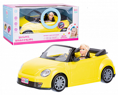 Фото IT107467 Машинка "Girls Club" на бат., цвет желтый, свет фар, музыка, кукла в комплекте, в/к 46*23*2