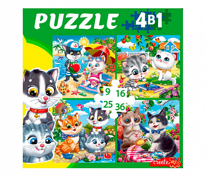 Фото товара П-8387 Пазл 4 в 1 9,16, 25, 36 эл. Забавные котики №6 П-8387